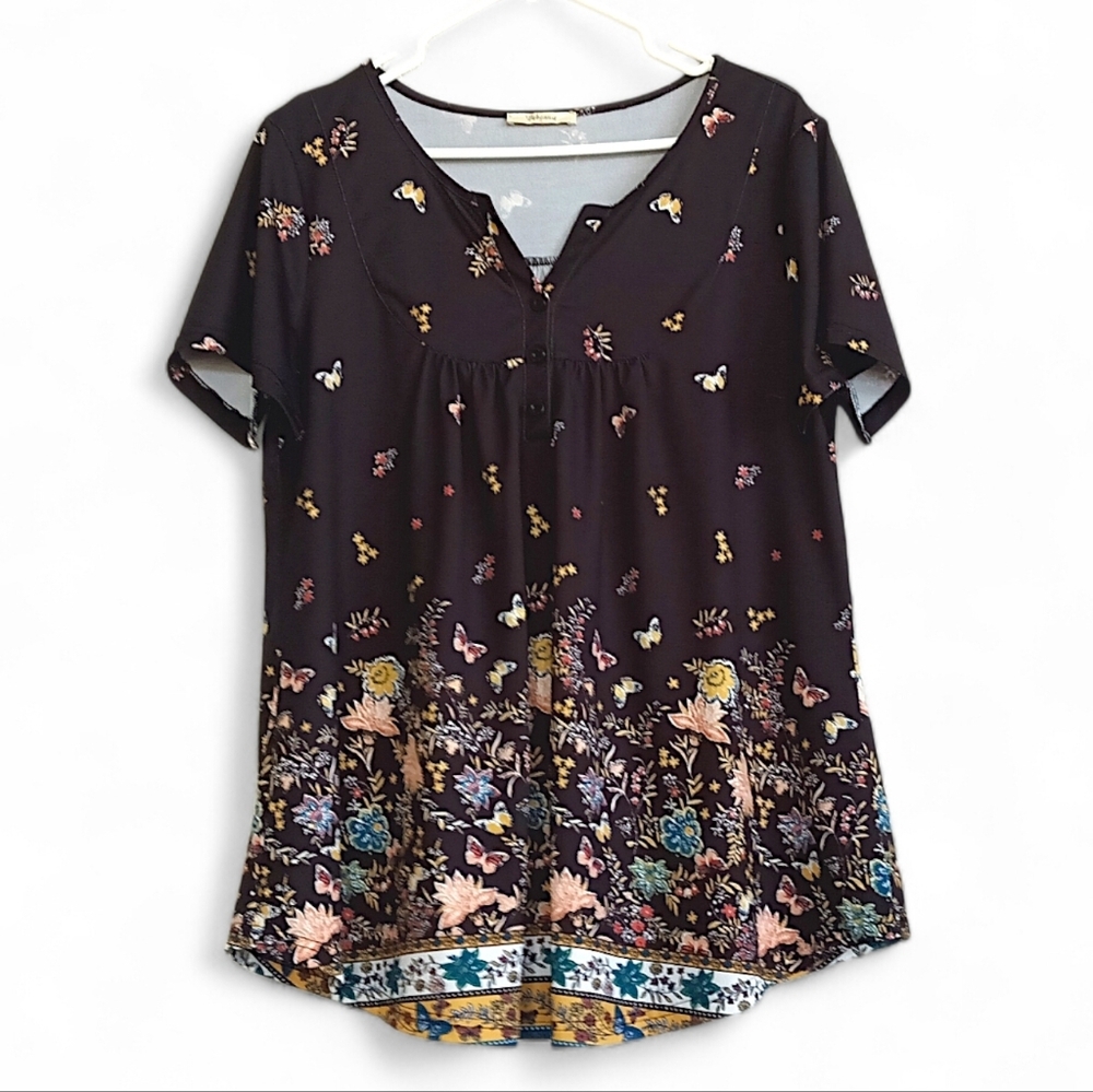 Bebonnie Black Floral Vneck Blouse Butterfly Garden Flutter Sleeve XL